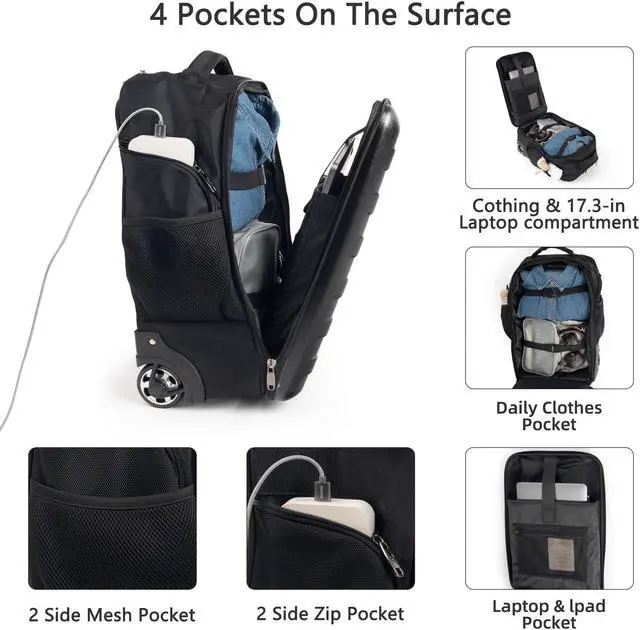 Alt view image 3 of 5 - Temilla Multi-Useful Carry-On Luggage Fit 17.3 Inch Laptop airline approved with WheelsTravel suitcase backpack with wheels that can be pulled and carried for Overnight bag and Business19Inch