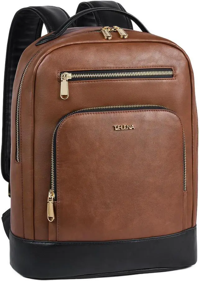 Main image of Telena Leather Laptop Backpack Women Men 15 inch Computer Bag Vintage Work Business for Teacher Nurse Black Brown