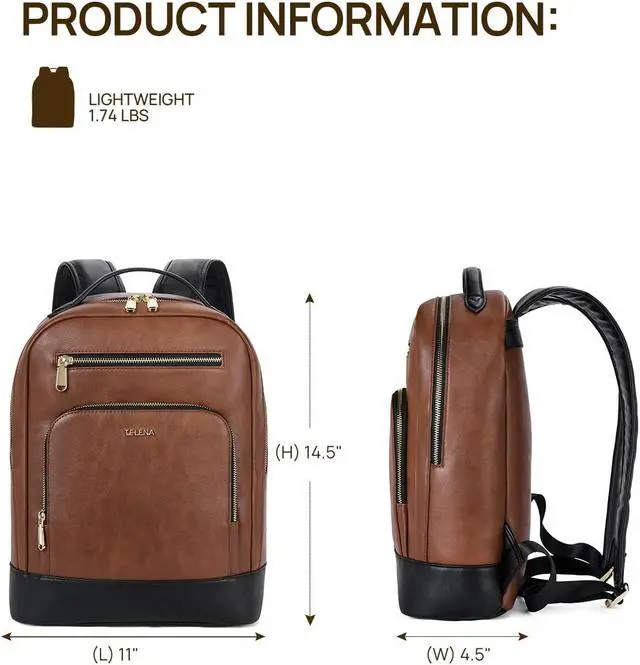 Alt view image 4 of 5 - Telena Leather Laptop Backpack Women Men 15 inch Computer Bag Vintage Work Business for Teacher Nurse Black Brown