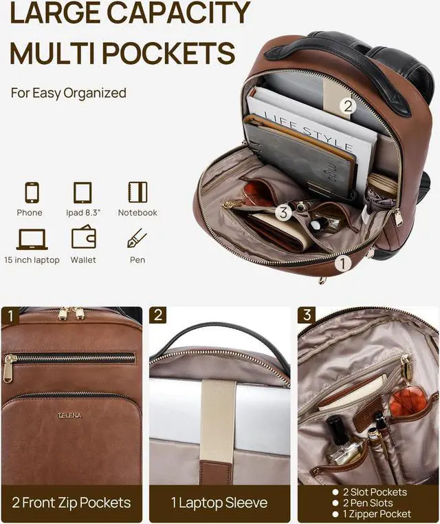 Alt view image 2 of 5 - Telena Leather Laptop Backpack Women Men 15 inch Computer Bag Vintage Work Business for Teacher Nurse Black Brown