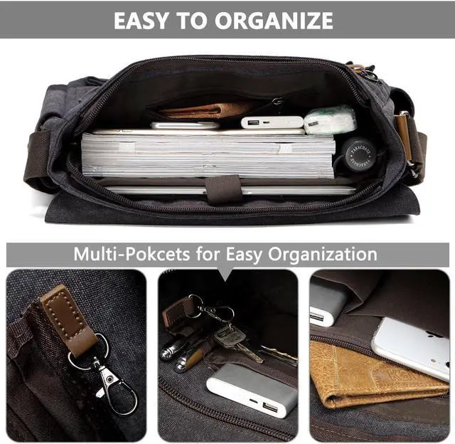 Alt view image 4 of 5 - VASCHY Messenger Bag for Men, Water Resistant Canvas 14inch Laptop Shoulder Commuter Bag for Men and Women Dark Gray