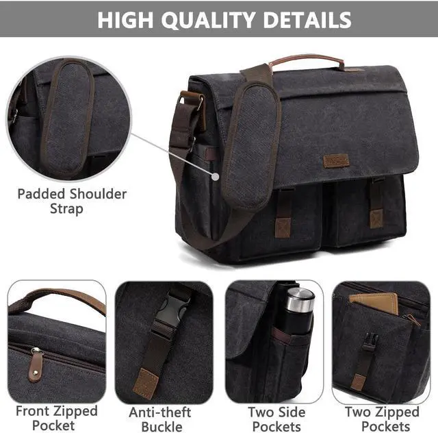 Alt view image 5 of 5 - VASCHY Messenger Bag for Men, Water Resistant Canvas 14inch Laptop Shoulder Commuter Bag for Men and Women Dark Gray