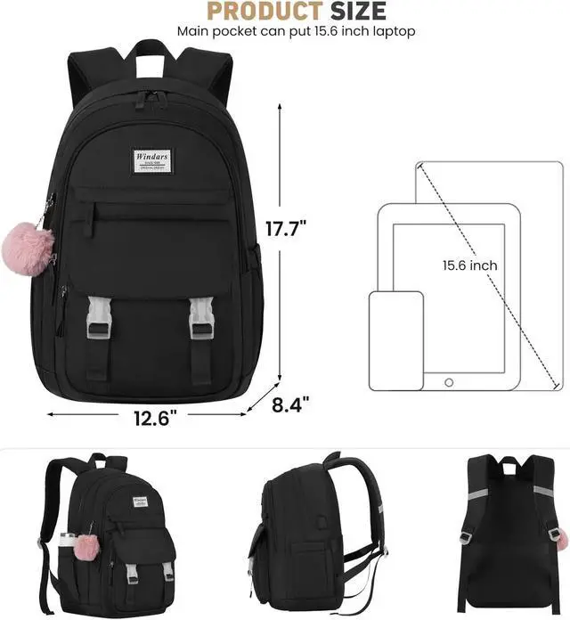 Alt view image 3 of 5 - WINDARS School Backpack for Teen Girls, Cute College Backpacks for Women Students Aesthetic Bookbag Large 15.6 Inch Laptop Bag Middle School Travel Back Pack (Black)