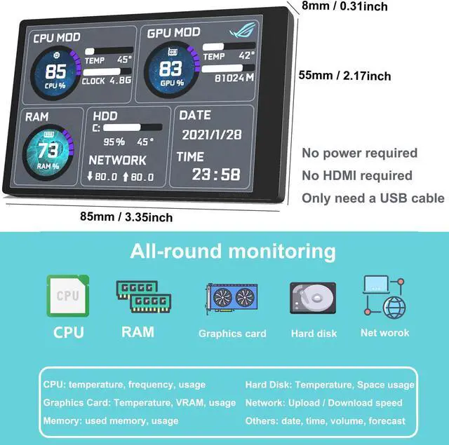 Alt view image 3 of 5 - WOWNOVA English Version Computer Temp Monitor, PC Sensor Panel Display, PC Temperature Display for PC ARGB Computer Case Secondary Screen, IPS USB Mini Screen PC CPU RAM HDD Data Monitor
