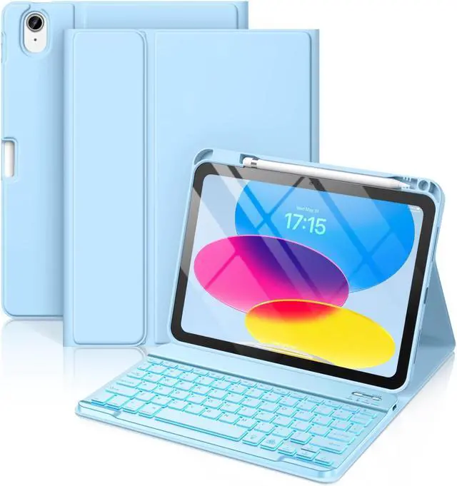 Main image of Hamile for iPad 11th 10th Generation Case with Keyboard - 7 Colors Backlit Wireless Detachable Folio Keyboard Cover with Pencil Holder for iPad 11-inch A16 2025 10th Gen 10.9 Inch 2022 (Sky Blue)