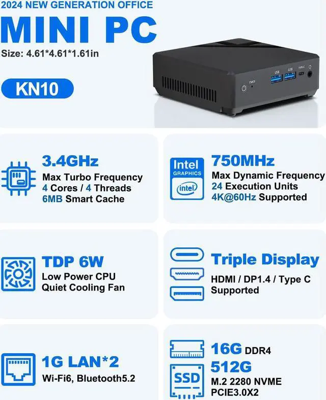 Alt view image 2 of 5 - YCTipc Mini PC, KN10 Small Computer with 16GB DDR4 RAM, 512GB PCIe 3.0 SSD, 4C/4T up to 3.4GHz, Triple Display, Dual Gigabit Ethernet, Home Theater, Streaming, and Business Use