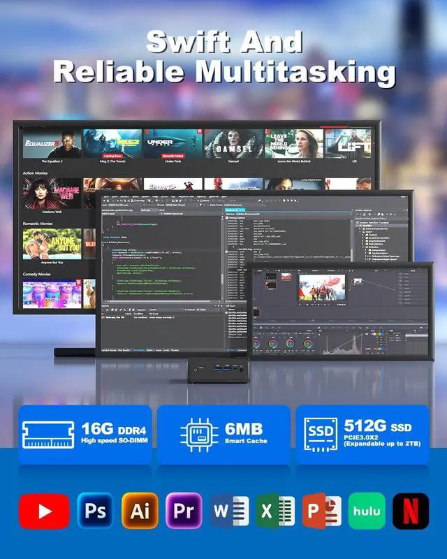 Alt view image 3 of 5 - YCTipc Mini PC, KN10 Small Computer with 16GB DDR4 RAM, 512GB PCIe 3.0 SSD, 4C/4T up to 3.4GHz, Triple Display, Dual Gigabit Ethernet, Home Theater, Streaming, and Business Use
