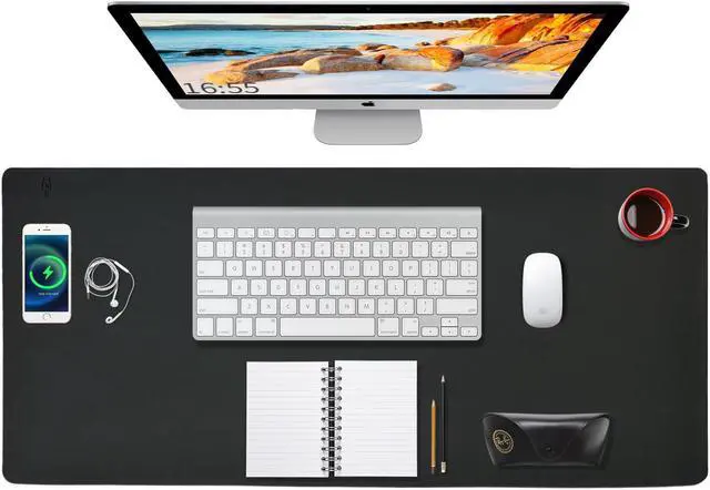 Main image of Desk Mat with Wireless Charging Mouse Pad Gaming Large Desk Pad with Wireless Charger 32x16 Waterproof Black Leather Computer Mat Mousepad Non-Slip Protector on Top of Desks
