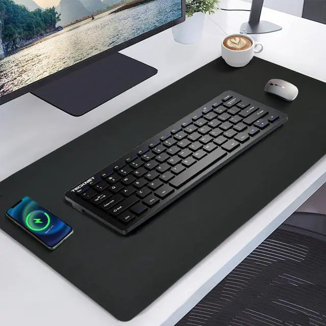 Alt view image 2 of 5 - Desk Mat with Wireless Charging Mouse Pad Gaming Large Desk Pad with Wireless Charger 32x16 Waterproof Black Leather Computer Mat Mousepad Non-Slip Protector on Top of Desks