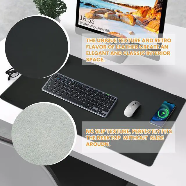 Alt view image 3 of 5 - Desk Mat with Wireless Charging Mouse Pad Gaming Large Desk Pad with Wireless Charger 32x16 Waterproof Black Leather Computer Mat Mousepad Non-Slip Protector on Top of Desks