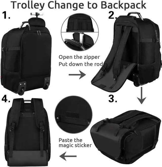 Alt view image 4 of 5 - ZOMFELT Rolling Backpack, X-Lare Travel Backpack with Wheels, Carry on Backpack with 3 Packing Cubes, 18 Inch Wheeled Laptop Backpack for Men Women Adults to Travel Work Business Black