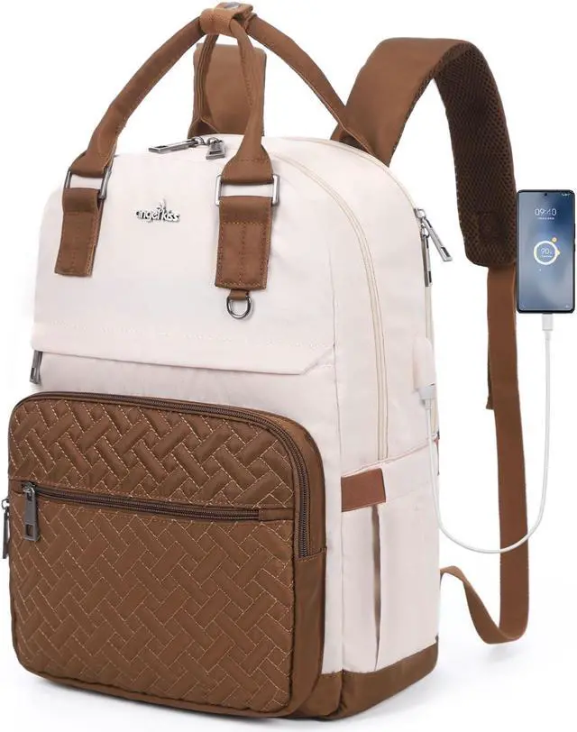 Main image of Angel Kiss Backpack Purse for Women, Large Travel Backpack with USB Port, Anti-Theft Design, Water-Resistant Daypack for Casual and Business for Work Beige-Khaki