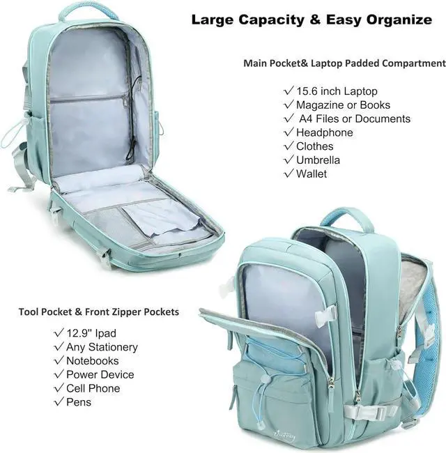 Alt view image 3 of 5 - Travel Backpack for Women Men 15.6 Inch Laptop Backpacks with USB Port Carry on Bag Airline Approved Large College School Bookbags Waterproof Work Business Sport Rucksack Casual Daypack (Green)