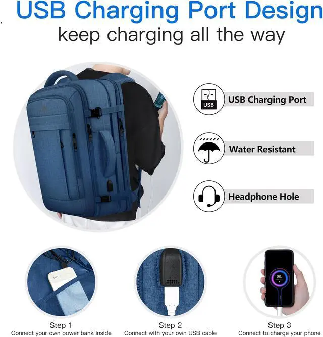 Alt view image 2 of 5 - AREYTECO Large Travel Laptop Backpack for Men, 50L Carry On Backpack Flight Approved, Expandable Laptop Bag Water Resistant Overnight Weekender Gym Daypack Traveling Backpack, Traveler Gifts, Blue
