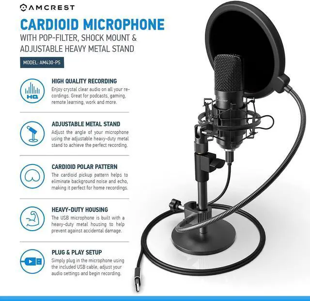 Alt view image 2 of 5 - Amcrest Podcast Microphone for Streaming, Voice Recording, Gaming, Conferences, Meetings - Included Pop-Filter, Shock Mount, & Adjustable Heavy Metal Stand, USB AM430-PS