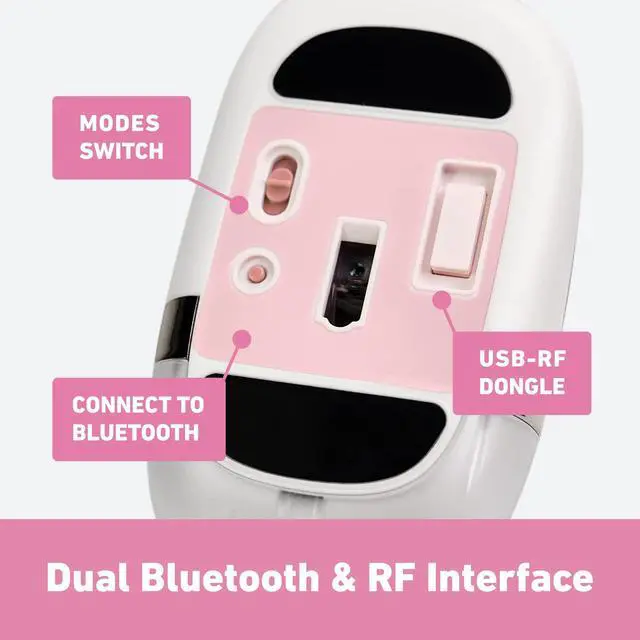 Alt view image 4 of 5 - Azio IZO Wireless Optical Mouse - Bluetooth 3.0 & 5.0/2.4G RF-USB, Ambidextrous Design, PixArt PAW3212 Sensor, 1000/1600/2400 DPI, Rechargeable, Pink & Silver - PC & Mac, Pink Blossom (IM408)