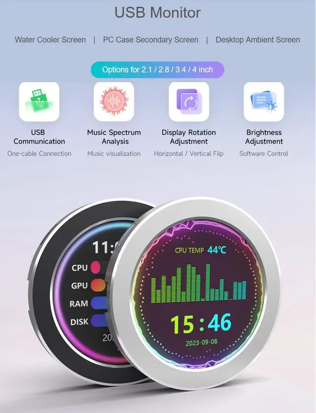 Alt view image 2 of 5 - 2.1inch USB Monitor 480×480 Pixel-Water Cooler Screen/PC Case Secondary Screen/Desktop RGB Ambient Screen, with Music Spectrum Analysis Function, Various Data Monitoring, CNC Metal Case, Silver