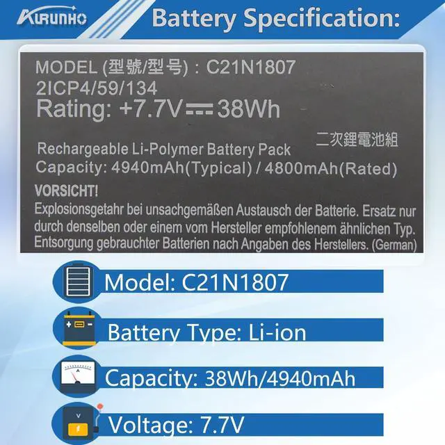 Alt view image 2 of 5 - AURUNHO C21N1807 Laptop Battery Replacement for ASUS CX22NA C223NA C223NA-1A C223NA-1B C223NA-DH02 C223NA-GJ0025 VivoBook E12 E203NA E203NA-FD020TS E203NA-FD048T E203NA-FD088T E203NA-FD026T C21PiCH