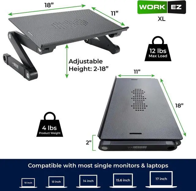 Alt view image 4 of 5 - Uncaged Ergonomics WorkEZ Adjustable Laptop Stand for Desk, Laptop Stand Adjustable Height, Foldable Aluminum Cooling Computer Holder & Riser for Desk Bed, Black, XL