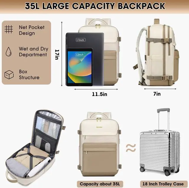 Alt view image 3 of 5 - bagswan Travel Backpack for Women, TSA Carry On Backpack Flight Approved Luggage, 35L Water Resistant Personal Item Daypack Large Weekender Bag fit 17 inch Laptop with Toiletry & Shoe Bag, Beige