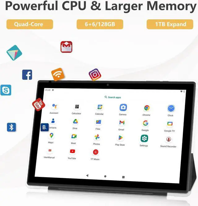 Alt view image 3 of 5 - Android Tablet 10 inch 2 in 1 Tablets with Keyboard Case Mouse Stylus, 12GB RAM 128GB ROM 1TB Expand, Quad-Core 2.0GHz CPU Tablet PC, 5G WiFi 6 BT 5.0, 8MP Camera, Google Certified Tableta