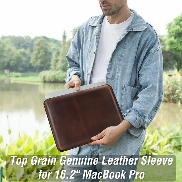 Alt view image 3 of 5 - CataPurus Top Grain Leather 16.2" Slim PC Sleeve Case, Solid Vintage Design, Handmade, Compatible with MacBook Pro 16.2" A2485 M1 Max 15" Touch Bar A2141 A1707 Pro 16" Touch ID A1990, Coffee 16.2 Inch