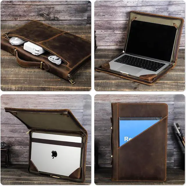Alt view image 2 of 5 - CataPurus Top Grain Leather 16.2" Slim Laptop Zipper Folio Case Bag, Handmade & 2 Pockets, Compatible with MacBook Pro 16.2" A2485 M1 Max 15" Touch Bar A2141 A1707 Pro 16" Touch ID, Coffee 16.2 Inch