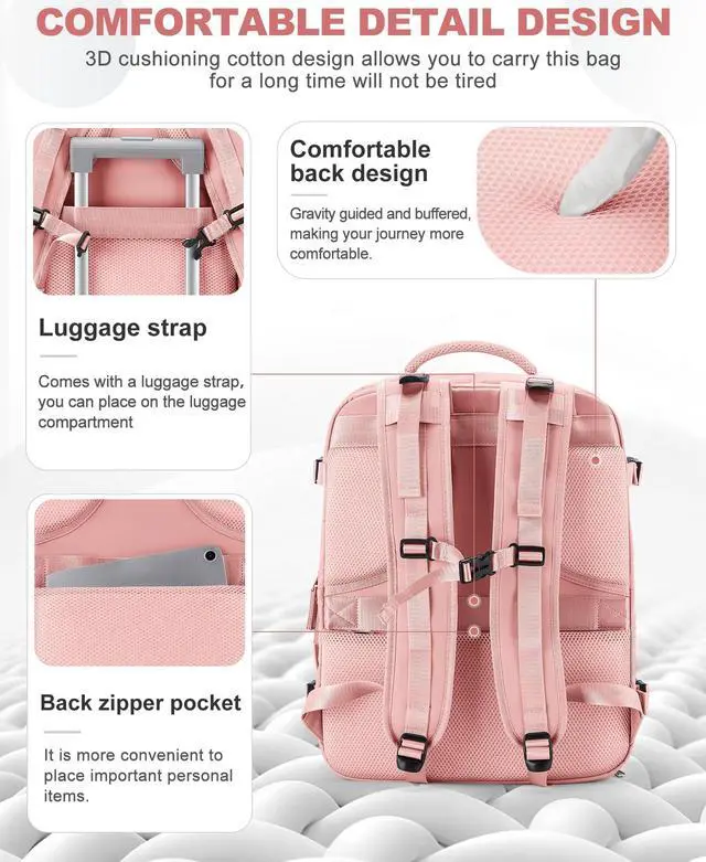 Alt view image 4 of 5 - coowoz Large Travel Backpack Carry On for Women Man Gym Backpacks with Laptop Compartment Mochila de Viaje Teacher Personal Item Backpack Rucksack Airplane Accessories Must Haves Pink