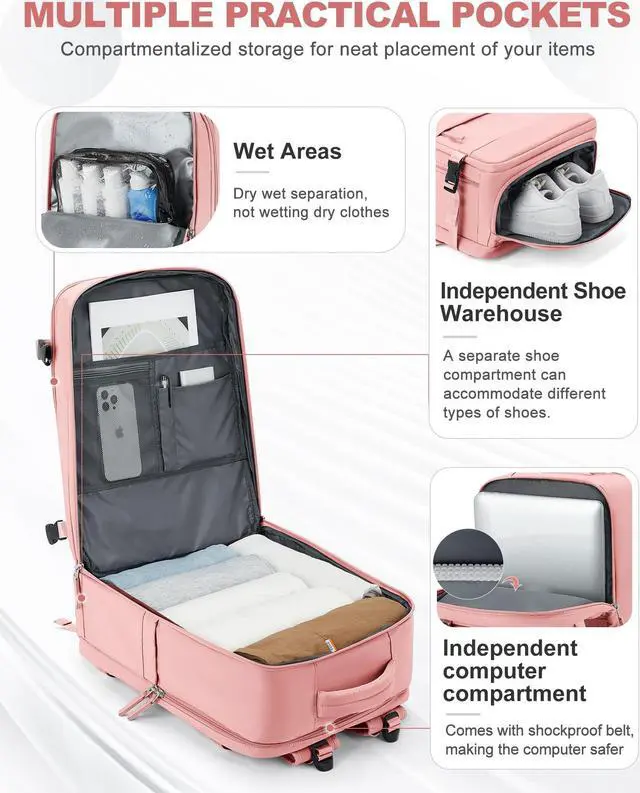 Alt view image 3 of 5 - coowoz Large Travel Backpack Carry On for Women Man Gym Backpacks with Laptop Compartment Mochila de Viaje Teacher Personal Item Backpack Rucksack Airplane Accessories Must Haves Pink