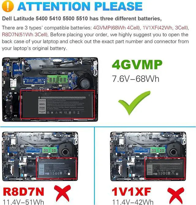 Alt view image 2 of 5 - 4GVMP Laptop Battery for Dell Latitude 5400 5500 5410 5510 E5400 E5500 Inspiron 7590 7591 7791 2-in-1 Precision 3540 3550 Series P84F P84F001 P42E P42E001 P98G001 P80F001 RF7WM C5GV2 H82T6 7.6V 68Wh