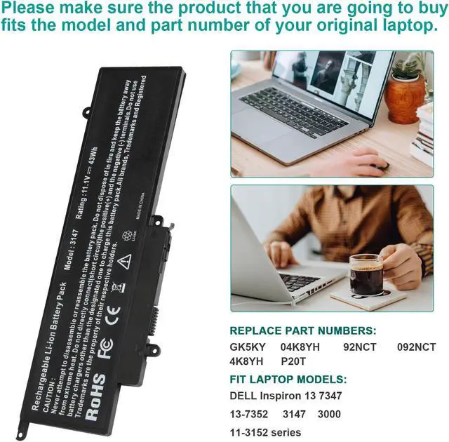 Alt view image 4 of 5 - GK5KY Laptop Battery for Dell Inspiron 11 3000 3147 3148 3153 3152 3157 3158 15 7000 7558 7568 13 7353 7359 7347 7348 7352 92NCT 092NCT 4K8YH 04K8YH RHN1C 0WF28 P20T P20T001 P55F P55F001 451-BBKK