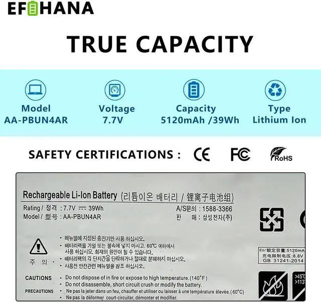 Alt view image 3 of 5 - EFOHANA AA-PBUN4AR Laptop Battery Replacement for Samsung ATIV Book 9 Spin 940X3L Notebook 9 900X5L NT900X5H NT900X5L NT900X5M NT900X5P NT900X5W NT901X5L Series Notebook BA43-00375A 7.7V 39Wh