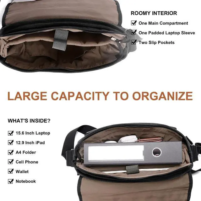 Alt view image 5 of 5 - ESTARER Men Messenger Bag 15.6 inch, Water-resistant Canvas Computer Work Bag, Laptop Shoulder Bag Briefcase Satchel, Dark Grey