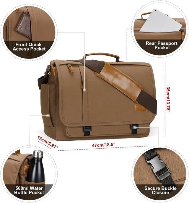 Alt view image 3 of 5 - ESTARER Messenger Bag 17-17.3 Inch, Men's Computer Bag Water-resistant Canvas, Laptop Shoulder Bag for Travel Work College, Brown
