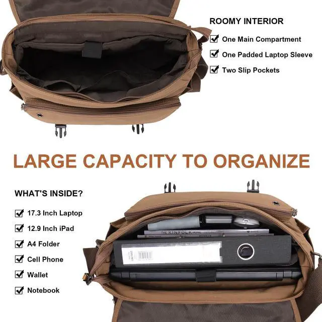Alt view image 5 of 5 - ESTARER Messenger Bag 17-17.3 Inch, Men's Computer Bag Water-resistant Canvas, Laptop Shoulder Bag for Travel Work College, Brown