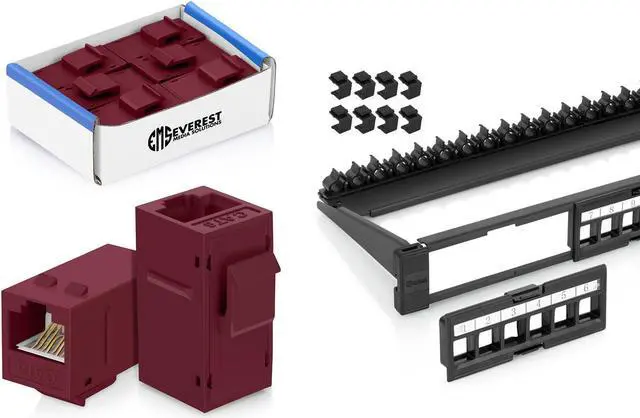 Main image of Everest Media Solutions Bundle - 2 Items: 24-Port Keystone Patch Panel + 6 Pack of RJ45 CAT6 Keystone Couplers - Red
