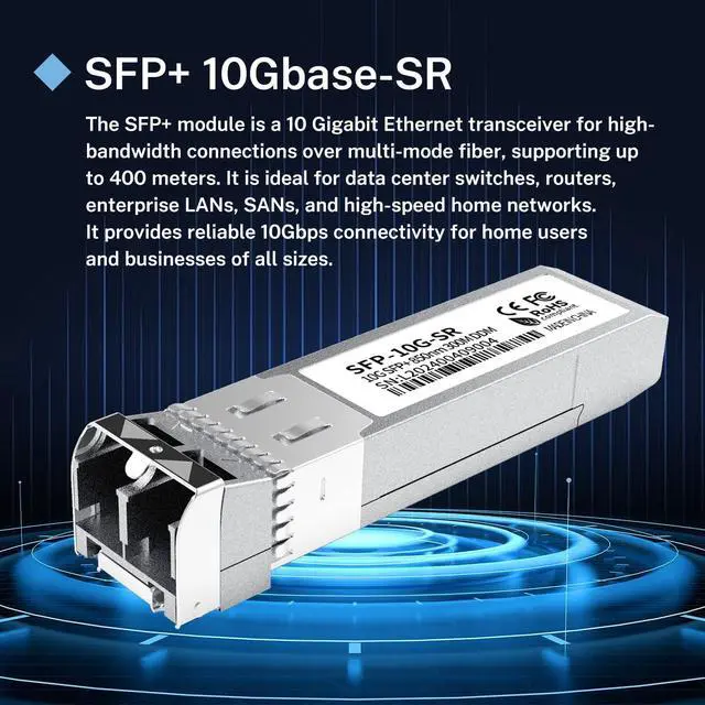 Alt view image 3 of 5 - 10Pack 10GBase-SR SFP+ Module, Multi-Mode LC Ethernet Transceiver, 10G 850nm MMF up to 400m, Compatible with Cisco SFP-10G-SR, Meraki, Ubiquiti UF-MM-10G, Mikrotik, Netgear, TP-Link, Aruba and More