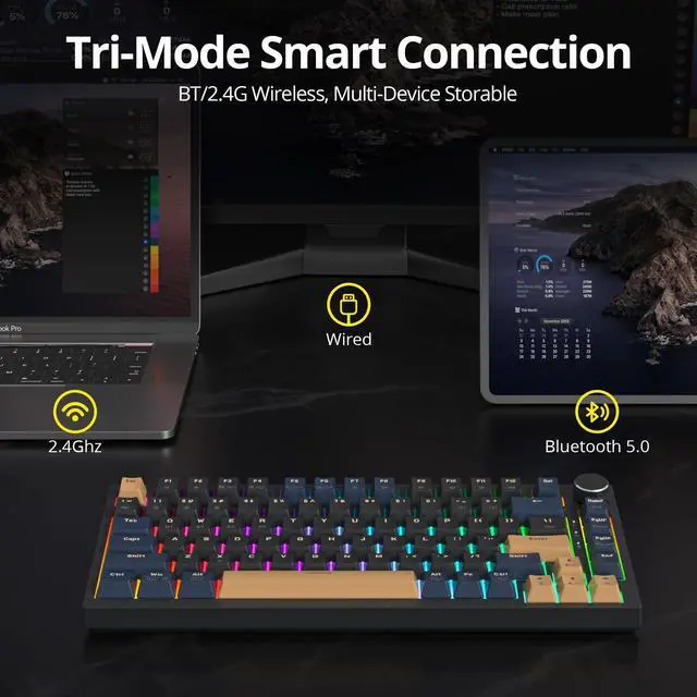 Alt view image 5 of 5 - iTastatur 82 Keys Wireless Gaming Keyboard 75 Percent,Triple Mode Bluetooth/2.4Ghz/USB Pre-lubed Hot Swappable Mechanical Keyboard, w/Knob&Sound-Absorbing Pads,4000mAh Battery for Mac/Win (Blue B)