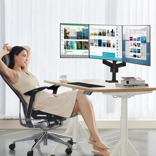 Alt view image 2 of 5 - HIPPOFLEX Triple Monitor Desk Mount, 3 Screen Arms for Flat/Curved Screens Up to 27 inch, Hold up to 17.6lbs Each, Fully Adjustable Gas Spring Monitor Stand, VESA 75x75/100x100
