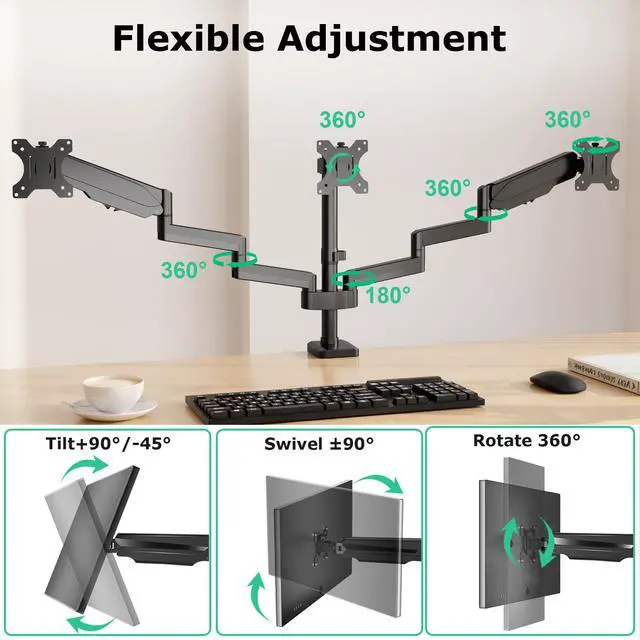 Alt view image 4 of 5 - HIPPOFLEX Triple Monitor Desk Mount, 3 Screen Arms for Flat/Curved Screens Up to 27 inch, Hold up to 17.6lbs Each, Fully Adjustable Gas Spring Monitor Stand, VESA 75x75/100x100