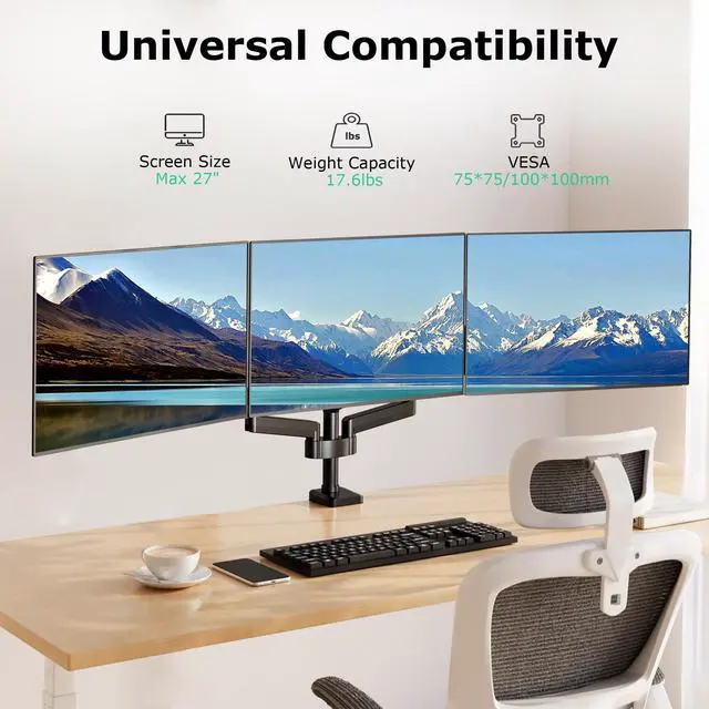 Alt view image 3 of 5 - HIPPOFLEX Triple Monitor Desk Mount, 3 Screen Arms for Flat/Curved Screens Up to 27 inch, Hold up to 17.6lbs Each, Fully Adjustable Gas Spring Monitor Stand, VESA 75x75/100x100