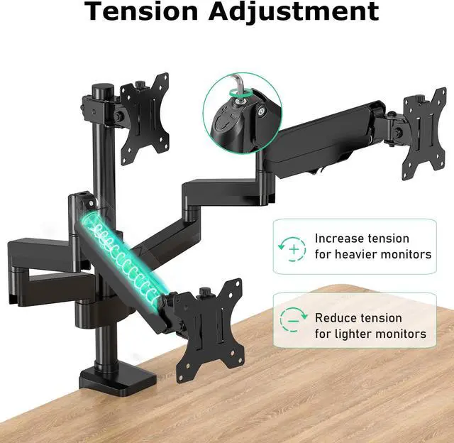 Alt view image 5 of 5 - HIPPOFLEX Triple Monitor Desk Mount, 3 Screen Arms for Flat/Curved Screens Up to 27 inch, Hold up to 17.6lbs Each, Fully Adjustable Gas Spring Monitor Stand, VESA 75x75/100x100