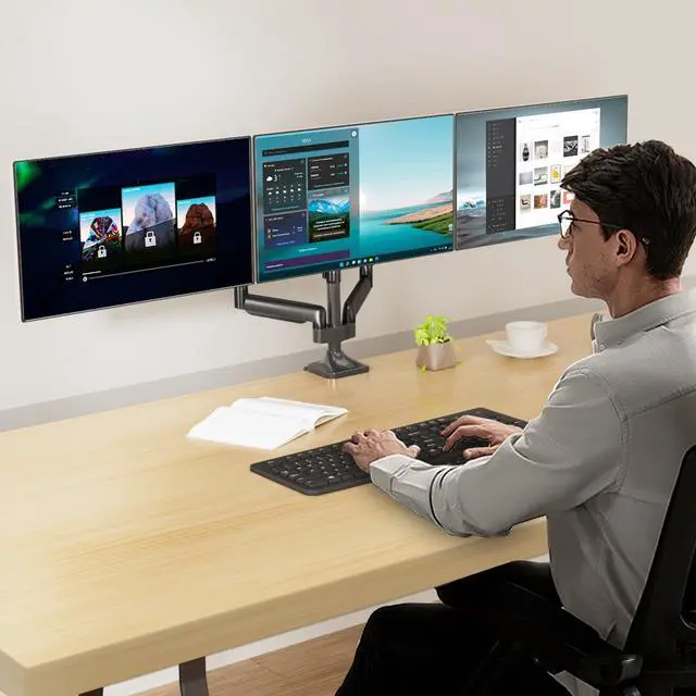 Alt view image 2 of 5 - HIPPOFLEX Triple Monitor Mount, 3 Desk Mount Monitor Stand for Screens Up to 32 inch, Hold up to 30.9lbs Each,Fully Adjustable Gas Spring Arm, Heavy-Duty C-Clamp Base, VESA 75x75/100x100