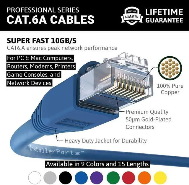 Alt view image 2 of 5 - InstallerParts Ethernet Cable CAT6A Cable UTP Booted 50 FT - Blue - Professional Series - 10Gigabit/Sec Network/High Speed Internet Cable, 550MHZ
