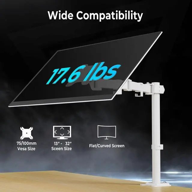 Alt view image 3 of 5 - JOY worker Single Monitor Desk Mount - Fits 12"-32" Screens, Holds up to 17.6LBS, Fully Adjustable Monitor Stand with C-Clamp/Gromment Base, Removable VESA Plate 75x75 or 100x100mm, White