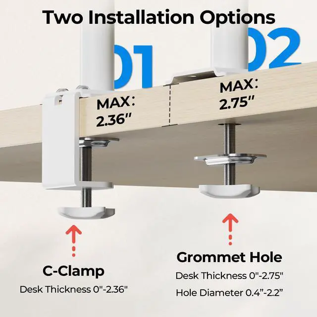 Alt view image 5 of 5 - JOY worker Single Monitor Desk Mount - Fits 12"-32" Screens, Holds up to 17.6LBS, Fully Adjustable Monitor Stand with C-Clamp/Gromment Base, Removable VESA Plate 75x75 or 100x100mm, White