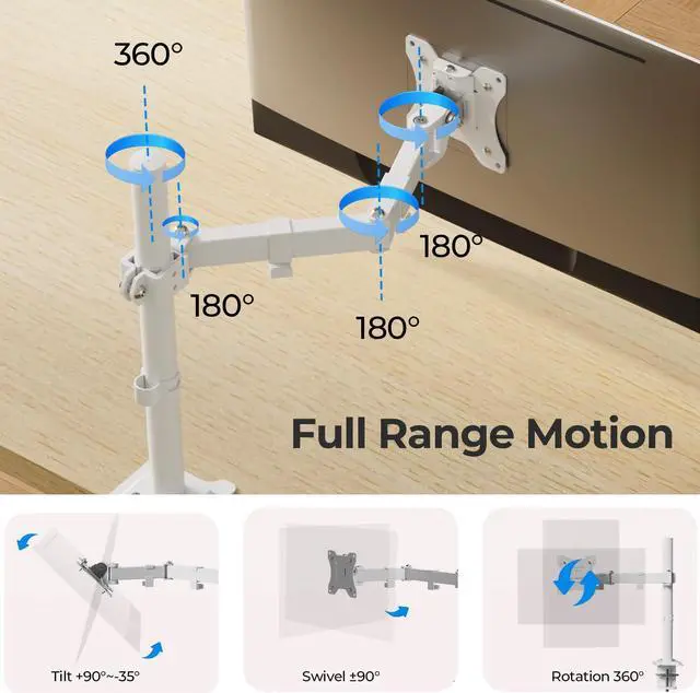 Alt view image 2 of 5 - JOY worker Single Monitor Desk Mount - Fits 12"-32" Screens, Holds up to 17.6LBS, Fully Adjustable Monitor Stand with C-Clamp/Gromment Base, Removable VESA Plate 75x75 or 100x100mm, White