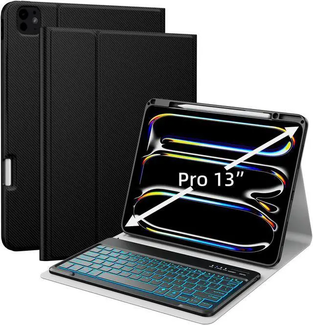 Main image of JUQITECH iPad Pro 13 Case with Keyboard M4 2024, iPad 13 Inch Pro Keyboard Case, 7Colors Backlit Bluetooth Magnetic Keyboard Soft Protective Folio Tablet Smart Case with Apple Pencil Pro Holder, Black