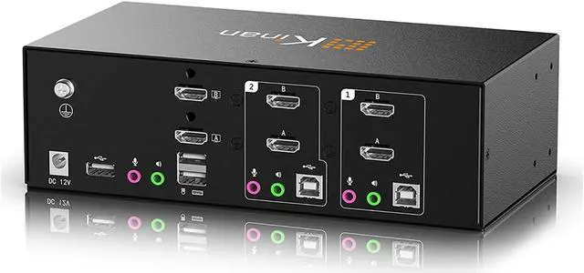 Main image of KVM Switch 2 Monitors 2 Computers, HDMI KVM Switches Dual Monitor 4K 60Hz, USB 2.0, Audio Out, Mic, EDID Emulation, Support Button Hotkey Mouse Switching, HDMI 2 Port Extended Display, Cables Included