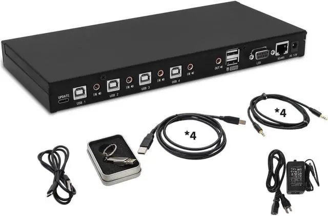 Main image of 4-Port KM Switch with Mouse Roaming Control, Independent Audio Switching, Supports Multi-Monitor, Hotkey Control, Includes Cables and Management Software to Customize Switching Modes, 2-Year Warranty